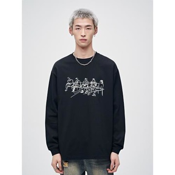 山小川潮牌重磅圓領長袖t恤男秋冬季純棉國潮美式寬松男生打底衫