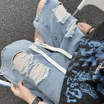 2號倉庫 男生七分褲 五分褲 特大碼ins破洞牛仔短褲男女300斤夏季薄款直筒小眾設計感五分褲子
