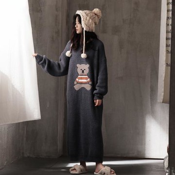 睡衣女秋冬季珊瑚絨睡裙中長款加厚加絨冬天顆粒法蘭絨卡通家居服