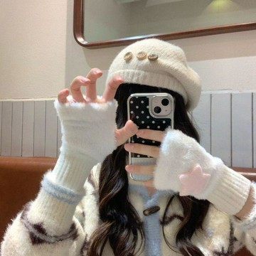 【加厚保暖】星星手套 女裝冬季半指針織 露指觸屏護腕 毛線袖套 女學生寫字 保暖手套