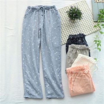 全棉紗布睡褲女士夏季薄款寬松中腰家居褲日系甜美純棉懶人褲青年