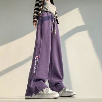 賣萌冠軍秋冬款高腰垂感加厚百搭運動衛褲紫色加絨側開叉闊腿褲女