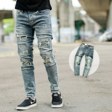 【NB1906J】復古刷色破壞抽鬚內補釘合身版牛仔褲 長褲(MW6090)