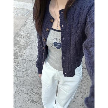 美式復古學院風針織開衫外套春秋2026新款日系軟糯寬松麻花毛衣