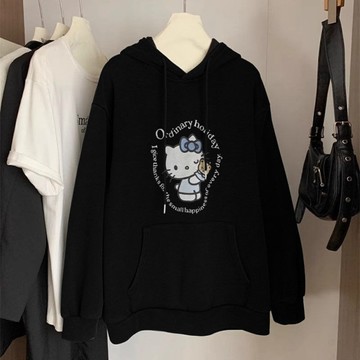 美式復古 設計感高街凱蒂貓印花連衛衣 女生上衣  大學t 韓版t 連帽衛衣 毛刷連帽衛衣