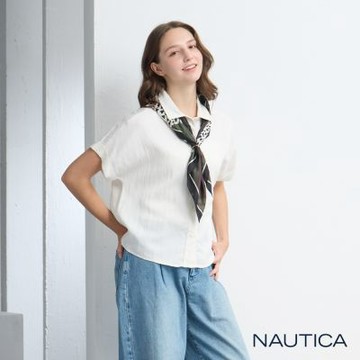 NAUTICA 官方旗艦 女裝 綁帶領短袖襯衫-白色
