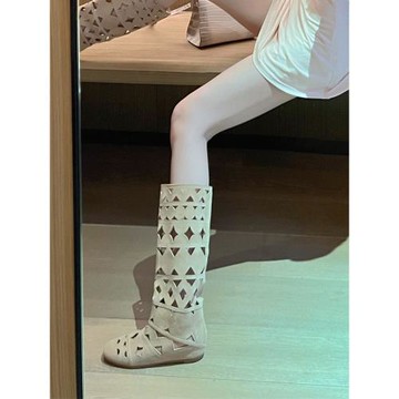 小眾設計2022內增高長靴長筒靴波西米亞風格鏤空圓頭平底高筒靴女