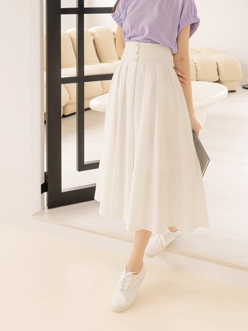 素色排釦造型高腰傘襬中長裙