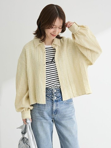 直條蕾絲剪裁短版襯衫(06000512500) - Green Parks