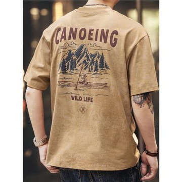 (免運)格藍鹿280g重磅復古云染印花短袖T恤男夏季寬松潮牌美式半袖體恤