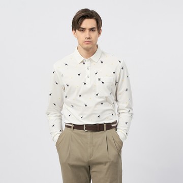 Pierre Cardin 男裝 麋鹿印花長袖POLO衫-米白色 (5235263-90)