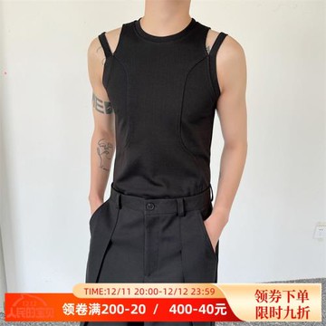 夏季小眾開叉鏤空設計純色彈力背心男痞帥上衣內搭拼接錯位無袖t