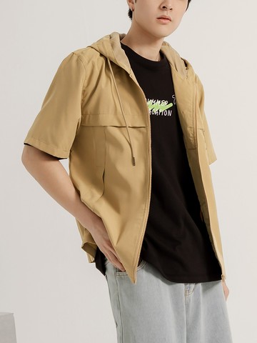 防潑水透氣素色口袋短袖連帽外套