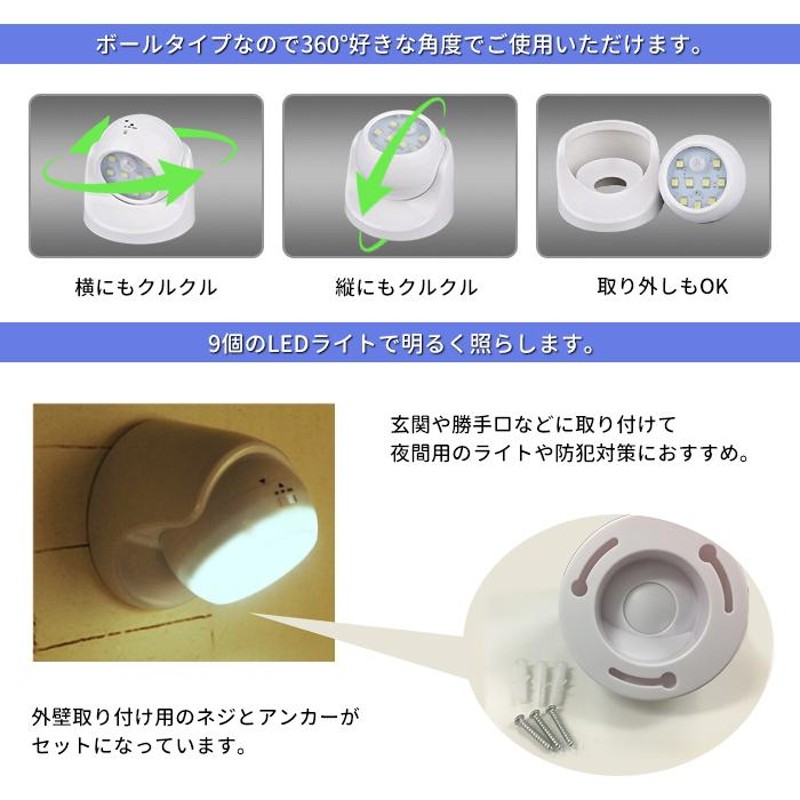 センサーライト 人感センサー LEDライト ボール型 360度回転 角度調整 