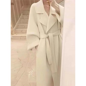 2025年春秋新款灰色高級感赫本風米白色雙面羊絨毛呢子大衣外套女