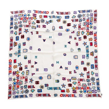 CHANEL香奈兒 手繪塗鴉風多圖案方巾(白底/多色圖案)