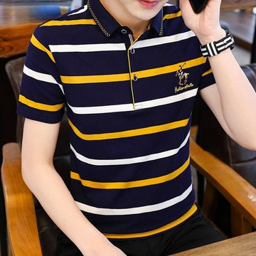 翻領短袖polo衫男|大碼95公斤男裝上衣|夏季薄款打底衫|高端條紋刺繡polo衫|修身帶領短袖衫|純色男士polo衫