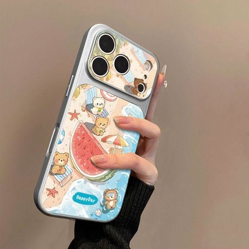 夏日小熊藍圖案適用蘋果17手機殼小羊皮蘋果16保護套15新14外殼13