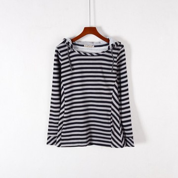 秋冬季女裝修身加絨通勤長袖連帽條紋衛衣外套上衣服