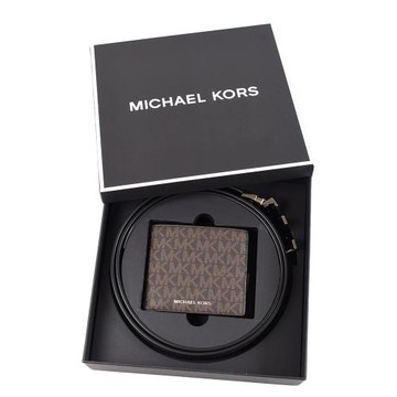 MICHAEL KORS 男款 灰字MK緹花LOGO防刮雙面用皮帶/八卡短夾禮盒-咖啡色