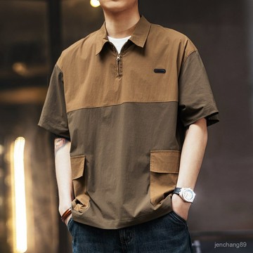 🔥摩登秀男士服裝賣場🔥美式復古夏季設計感撞色拼接男士短袖上衣  速乾工裝半拉鍊Polo衫 時尚帥氣寬鬆短袖襯衣