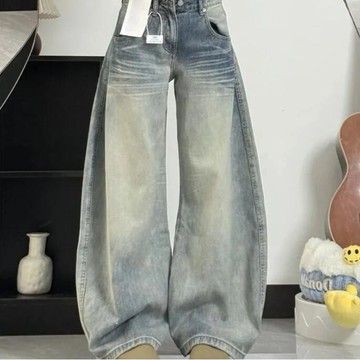 衣時尚 牛仔長褲 闊腿褲 拖地褲 寬褲 S-XL新款口袋刺繡設計彎腰闊腿牛仔褲女高街高腰水洗闊拖地長褲子-7328.