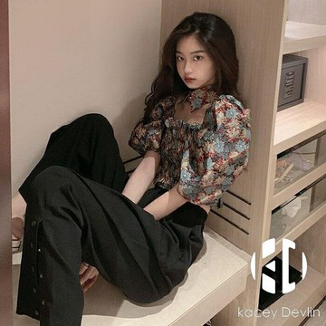短款短袖打底雪紡襯衫女士春夏設計感小眾碎花襯衣新款泡泡袖上衣【聚物優品】