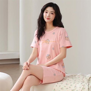 【韓國K.W.】韓國空運時髦教主涼爽棉短袖睡衣套裝(套裝/棉麻/家居套裝/小香風/涼感)