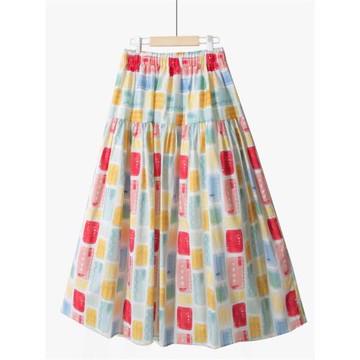 秋冬韓系度假風印花設計顯瘦半身裙棉布新款減齡松緊腰大擺中長裙