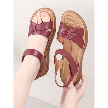 媽媽鞋子夏款涼鞋女平底舒適中老年女鞋真皮牛筋底輕便老人鞋防滑