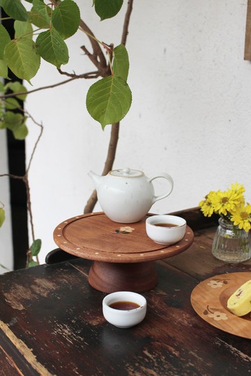 喵有型小花高腳木盤日式中式茶點水果復古家用蛋糕點心圓盤子帶蓋