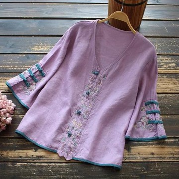 春夏裝新款短袖民族風刺繡棉麻襯衫女設計感小眾襯衣大碼繡花上衣
