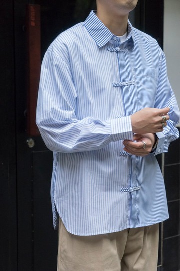 SHIRTS 新中式復古盤扣長袖襯衫 拼接條紋設計 寬鬆廓形 Cityboy
