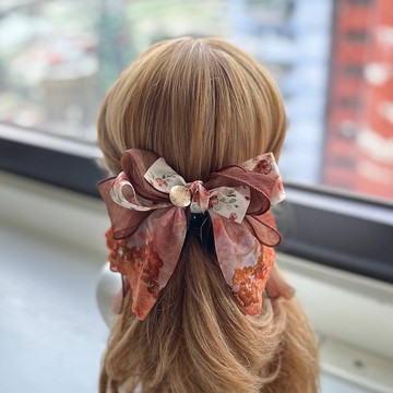 獨家蕾絲歐根紗蝴蝶結相交夾香蕉夾仙女夾髮夾-復古咖啡橘色