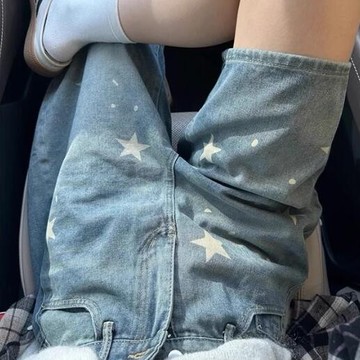 衣時尚 中褲 牛仔褲 闊腿褲 直筒褲S-XL新款美式復古印花水洗星星牛仔短褲寬腿高腰五分直筒褲子-5317.