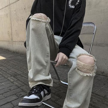 牛仔褲男夏季日系復古水洗破洞直筒褲子高街vibe潮牌寬松休閑長褲