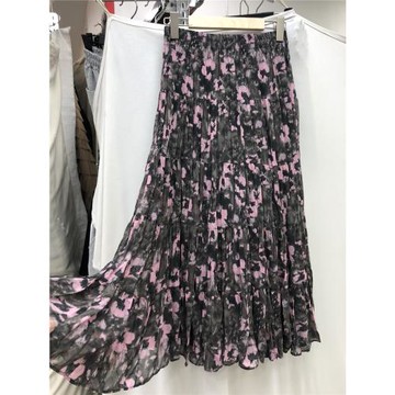 復古暈染碎花半身裙女夏季百搭洋氣大擺褶皺雪紡印花百褶裙長裙子