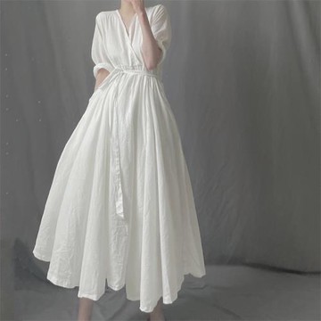 暗黑系斜襟V領套頭長款過膝寬松大碼收腰系帶大裙擺連衣裙夏新款