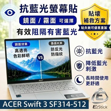 【Ezstick】ACER Swift 3 SF314-512 防藍光螢幕貼｜鏡面/霧面可選｜筆電螢幕保護貼
