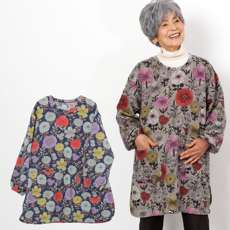 シニア服 80代 70代 60代 レディース 婦人服 高齢者 おばあちゃん 花柄プリント 裏起毛 チュニック 割烹着 敬老の日 プレゼント ギフト  通販 LINEポイント最大0.5%GET | LINEショッピング