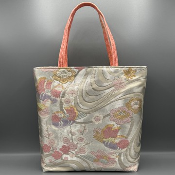 和服 腰帶 腰繩 手工 托特包 改造 銀色 鳥 梅花