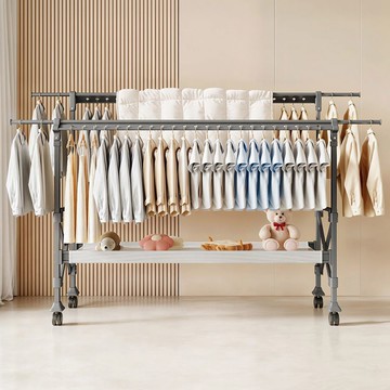 【AOTTO】H型雙桿附輪伸縮折疊曬衣架(曬衣架 晾曬架 衣架)