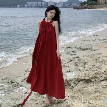 【春夏女裝】3-12度假風掛脖紅色連衣裙女夏海邊度假長裙 海邊女裝 夏季短袖連身裙 寬鬆夏日洋裝 可愛孕婦裝