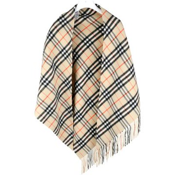 BURBERRY 巴寶莉 格紋羊毛喀什米爾披肩單側流蘇披肩 斗篷(沙色)