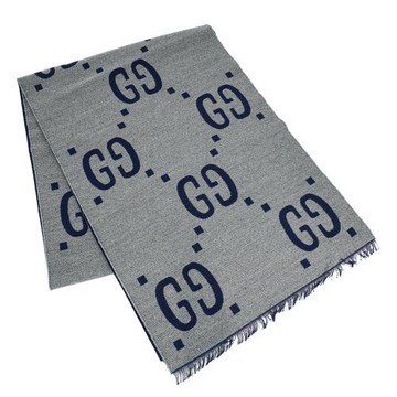 Gucci 羊毛大G logo圍巾(495592-灰/深藍)