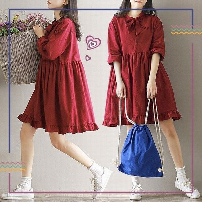 森ガール ワンピース 長袖 チュニック シャツワンピース リボン付き フレアワンピース Aライン 春ワンピ 大きいサイズ 通販 Lineポイント最大get Lineショッピング