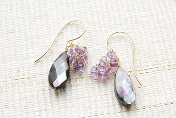 黑蝶貝與紫水晶花簇耳環 14kgf