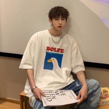 寬松大碼休閑短袖男T恤夏季潮流百搭五分袖衣服ins港風韓版體恤衫