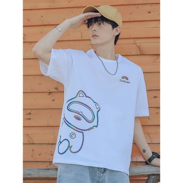 九木町反光太空熊短袖男2025夏季新款炫彩印花T恤潮牌ins學生上衣