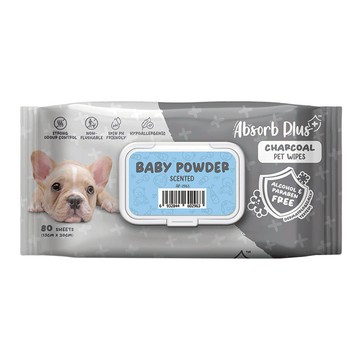 Absorb Plus 狠清爽寵物活性碳濕紙巾 爽身粉味 添加蘆薈萃取物和維生素E  80張  1包